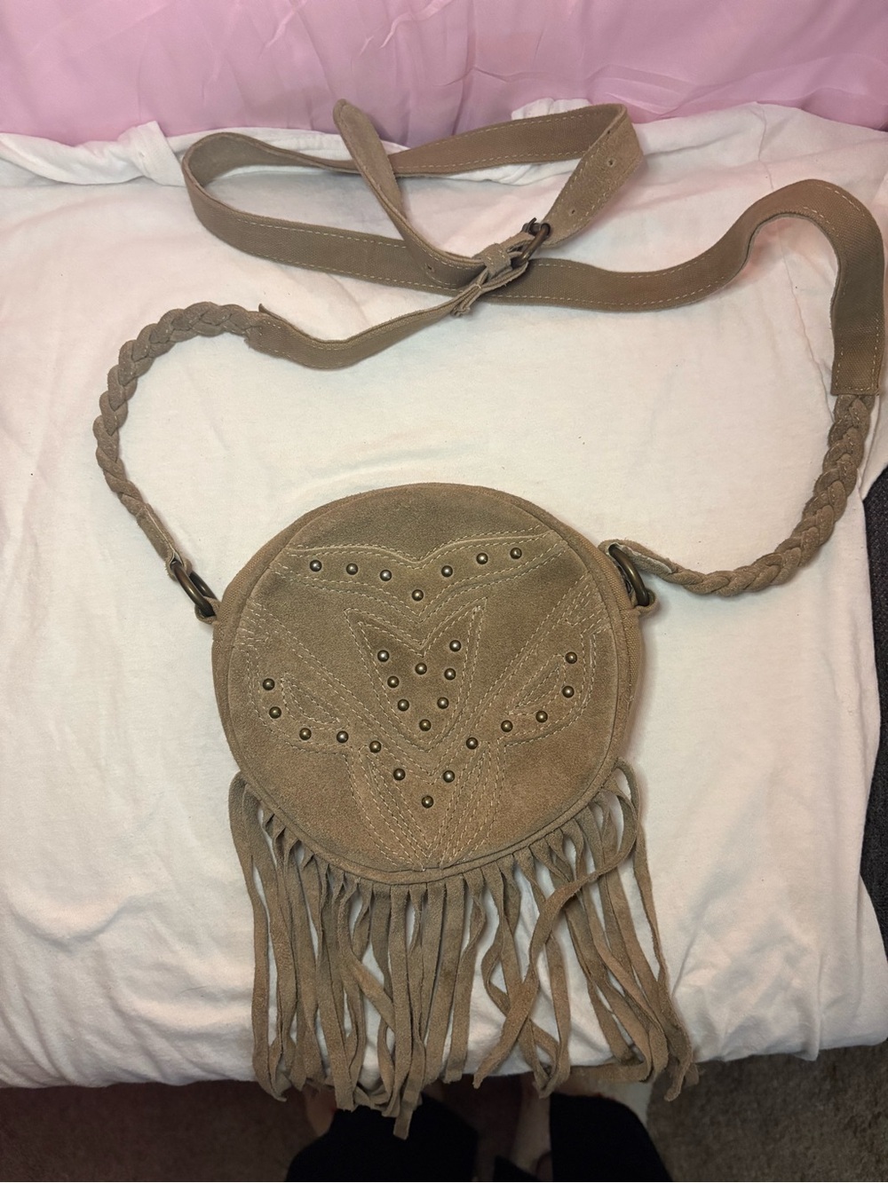 EARTHBOUND Tan Suede Fringe Round Crossbody Bag